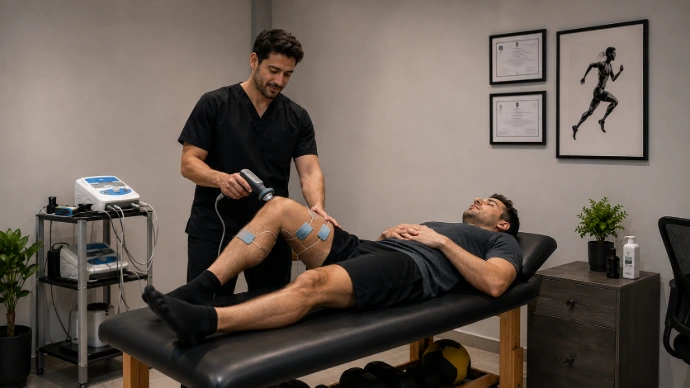 Sesión de fisioterapia con aplicación tecnológica sobre la rodilla