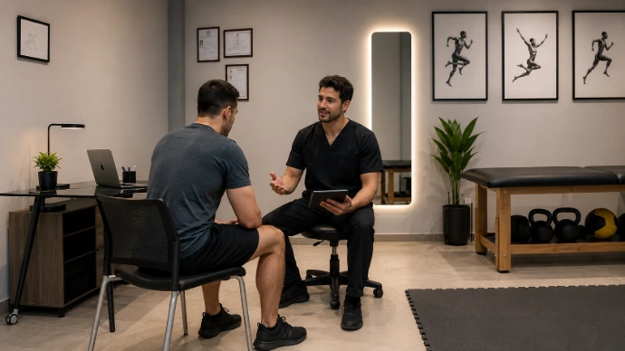 Consulta de valoración profesional entre fisioterapeuta y paciente